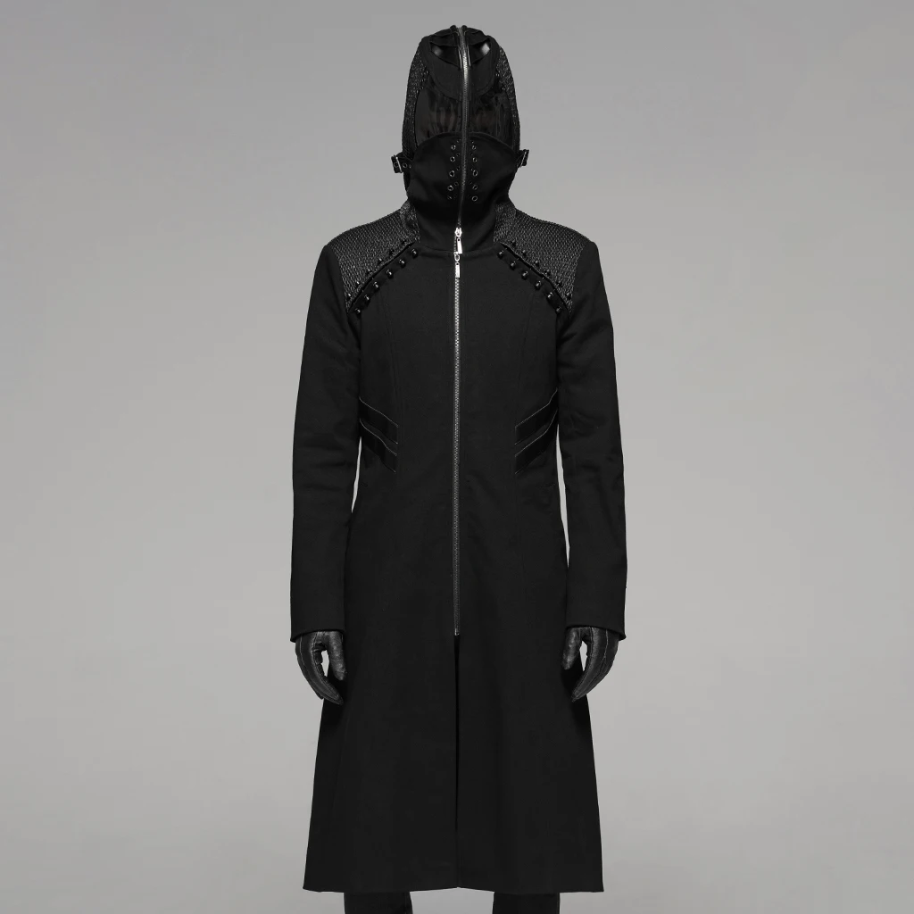 

PUNK RAVE Men's Punk's Weird Coat Micro-Elastic Twill Imitation Leather Personality Unique Winter Black Long Jacket