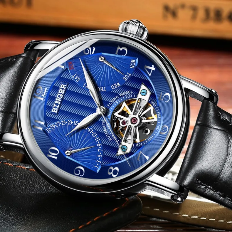 Модные Tourbillon часы от ведущего бренда, швейцарские BINGER, Мужские автоматические часы, мужские часы с кожаным ремешком и календарем, водонепроницаемые механические часы