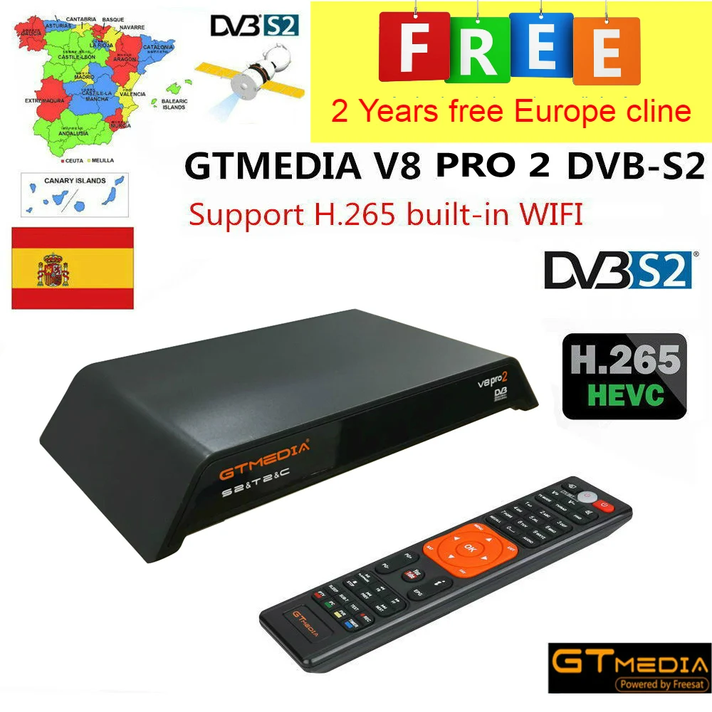 

GTMedia V8 Pro2 DVB S2+T2+Cable Satellite TV Receiver Support PowerVu Biss Key cccam HD Built-in WiFi 2 Years free europe cline