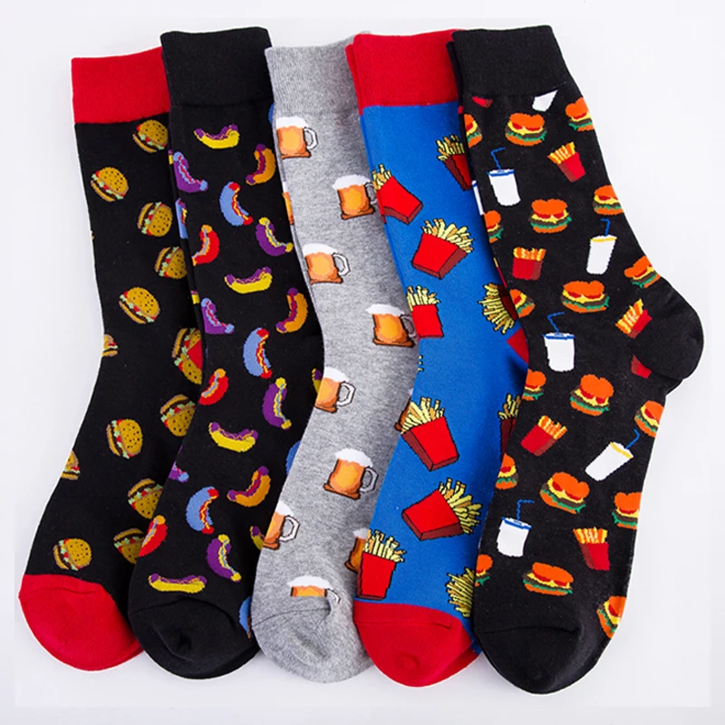 Colorful-Hot-Dog-Hamburg-Beer-Pattern-Novelty-Crew-Socks-Men-s-Funny-Food-Kawaii-Sokken-Creative