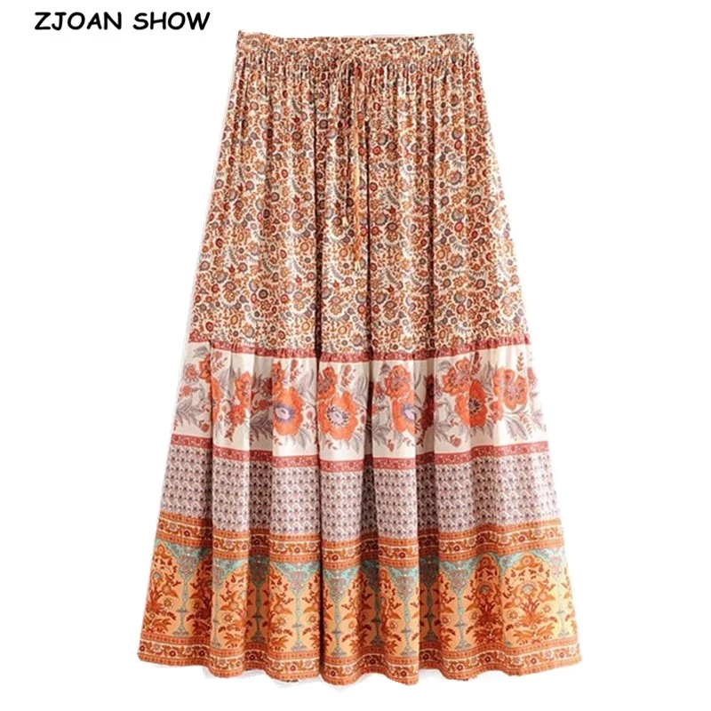 BOHO Location Floral print Cotton Long Skirt Holiday Women Elastic High