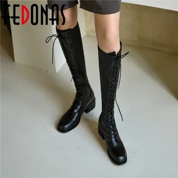 

FEDONAS Vintage Knee High Boots 2020 Fall Winter Tight High Boots Cross Tied Genuine Leather Wedding Party Ladies Shoes Woman