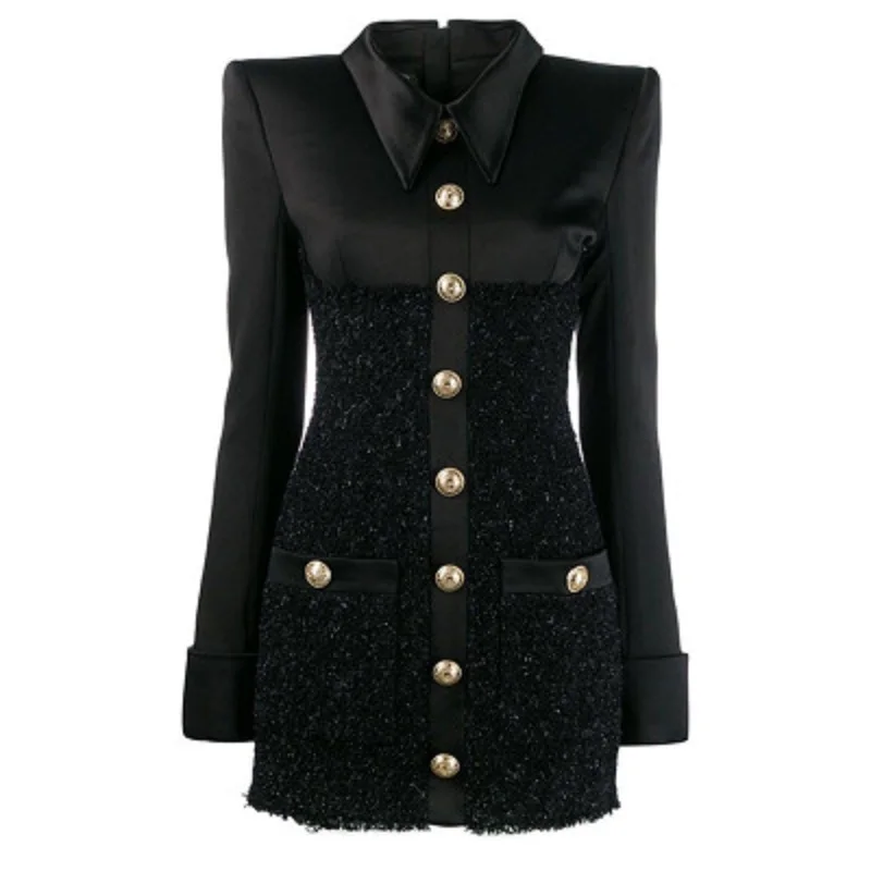 Женское твидовое платье с длинным рукавом белое или черное однобортное
