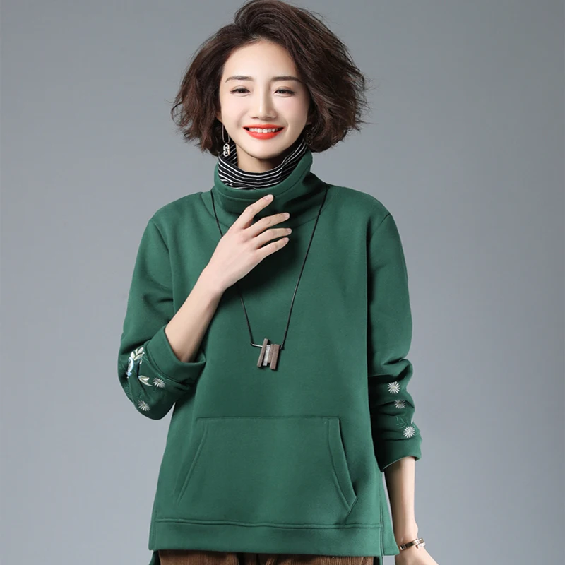 

plus size women streetwear blusas mujer de moda 2019 ropa casual de mujer High collar long sleeve embroidered womens clothing