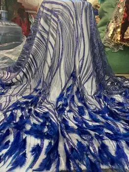 

Blue 3D floral fabric 2020 latest African mesh embroidered French feather fringe sequined lace fabric royal wedding dress YYZ90