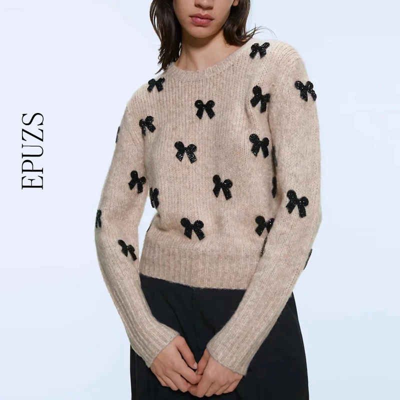 Baratos Sweaters sólidos y dulces para mujer, suéter de punto con cuello redondo y moño para mujer, suéteres de manga larga, elegantes, delgados, camisetas de invierno 2019