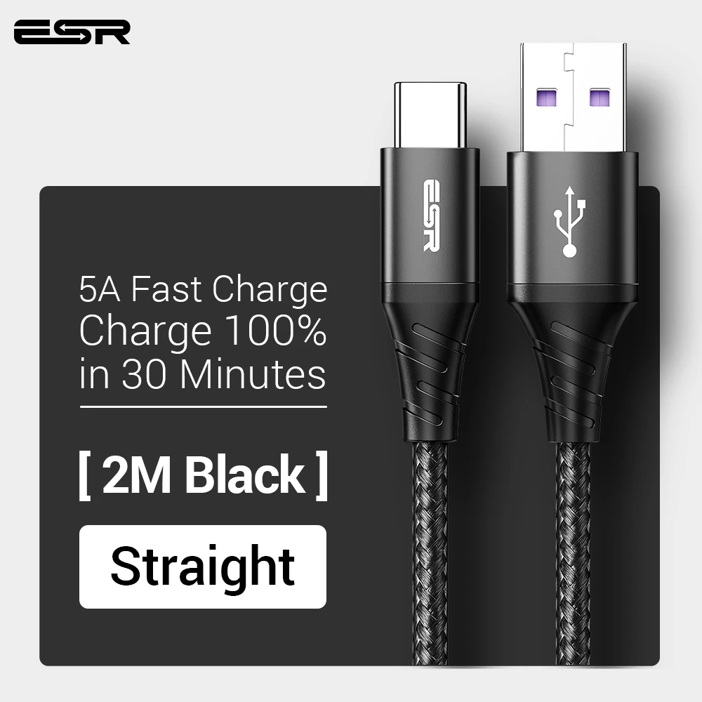 ESR 5A usb type-C кабель 1 м 2 м Быстрая зарядка type-C кабель для huawei P30 P20 mate 20 Pro Phone Supercharge QC3.0 USBC Кабо черный - Цвет: straight black2M