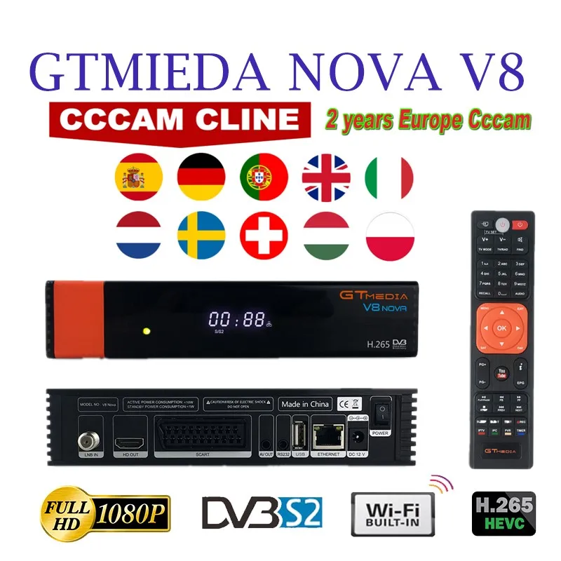 Receptor de Satélite Gtmedia Nova Receptor hd Completo 1080 H.265 Hevc 2 Ano Europa Espanha c Linhas Linha Cccam Wi-fi Embutido v8 Dvb-s2