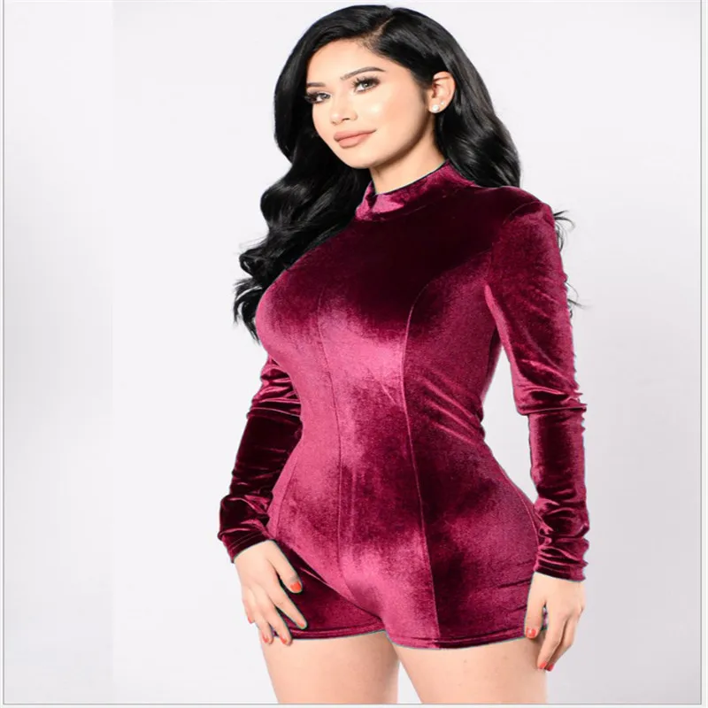 Sexy Girl Autumn Velvet Playsuits Women Jumpsuit Night Club Long Sleeve High Neck Rompers Fashion Skinny Jumpsuit 4Colors - Цвет: Бургундия