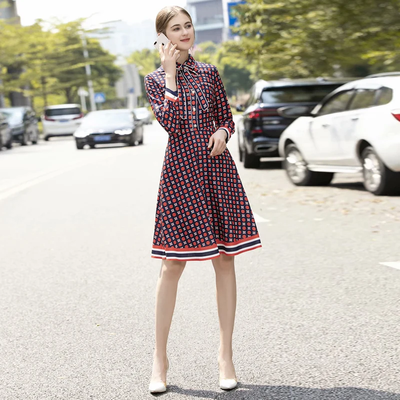 

High Quality Spring Autumn New Women'S Fashion Party Workplace Casual Sexy Beach Vintage Elegant Chic Gentlewoman Print Dress