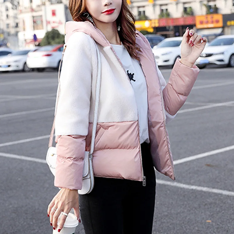 

2019 New Style WOMEN'S Dress Winter Loose-Fit Slimming Fairy Two-color Joint Hooded Coat Cotton Coat Cotton-padded Clothes Zippe