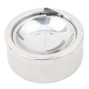

1pc Silver Stainless Steel Windproof Ashtray With Lid Round Portable Ashtray