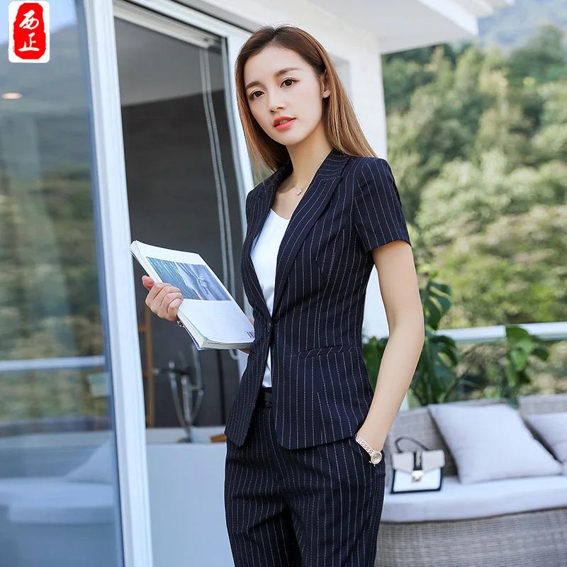 

Single-Button Wear WOMEN'S Suit Slim Fit Segment Stripes 2018 New Style Fashion High-End Women's Suit Short Sleeve