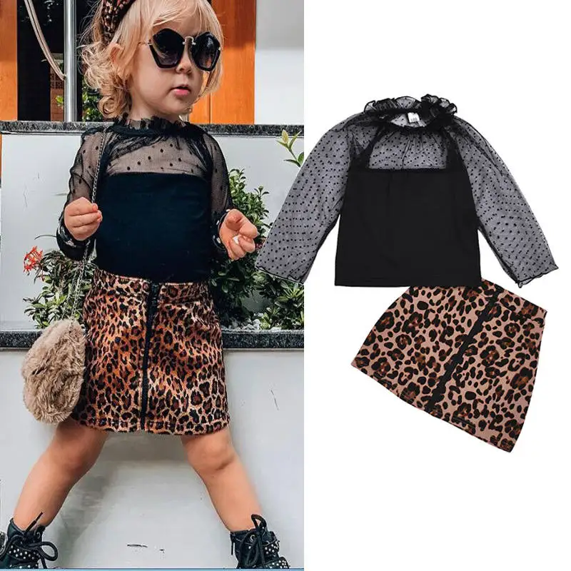 fashion kids girl clothes set leopard skirt black shirt (10)