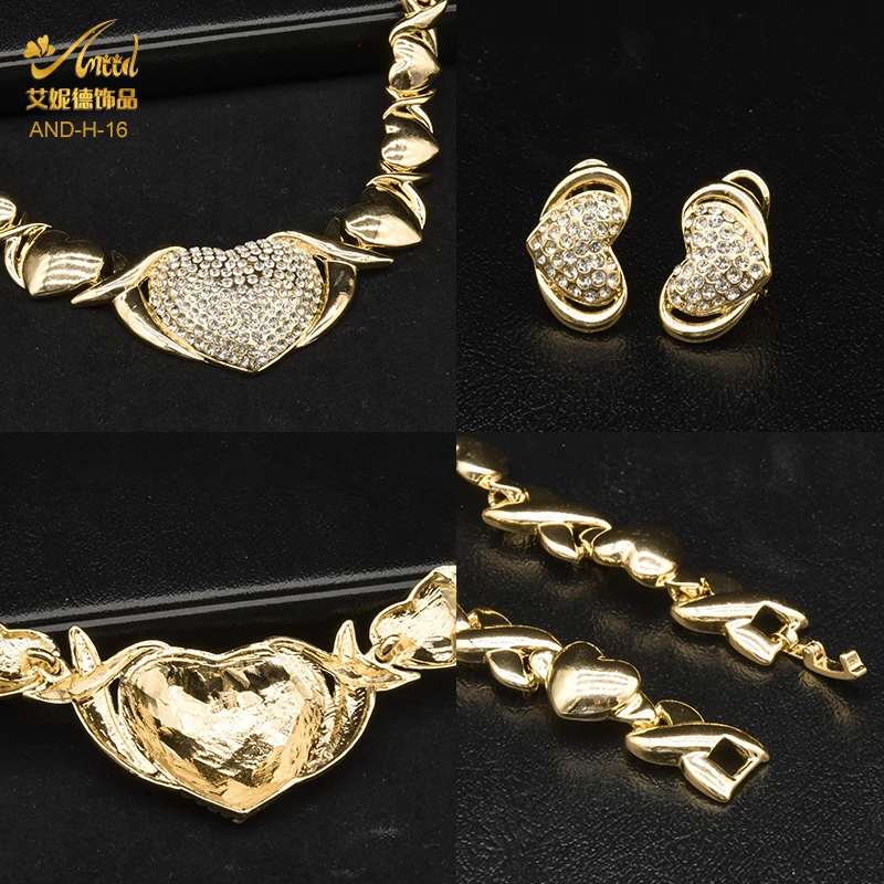 ANIID Dubai Gold Color Jewelry Necklace Set Wedding Bride Women Nigerian XOXO Heart Crystal Bracelets And Earrings Ring images - 6