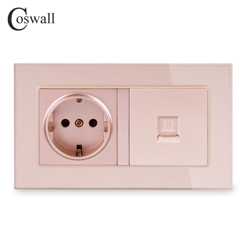 COSWALL 16A Россия Испания ЕС стандартный разъем с заземлением+ 1 банда RJ45 CAT5E интернет компьютер данных разъем закаленное стекло панель