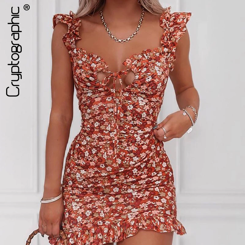 Cryptographic Ruffles Floral Print Fashion Sleeveless Mini Dress Summer Bow Tie Sexy Backless Sundress Dress Party Club Holiday Cryptographic Ruffles Floral Print Fashion Sleeveless Mini Dress Summer Bow Tie Sexy Backless Sundress Dress Party Club Holiday