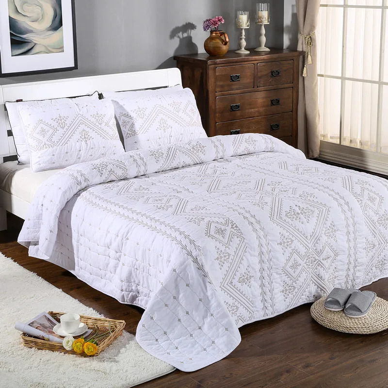 

100% Cotton Bedspreads Quilt Set 3pcs Quilts For Bed Blanket Solid Embroidered Bed Cover Coverlet Pillowcase 