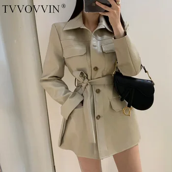 

TVVOVVIN Leather Clothing Woman 2020 Autumn Long Fund Single Row Buckle Chalaza Pocket Locomotive Leisure Time Slim Coat ZX340