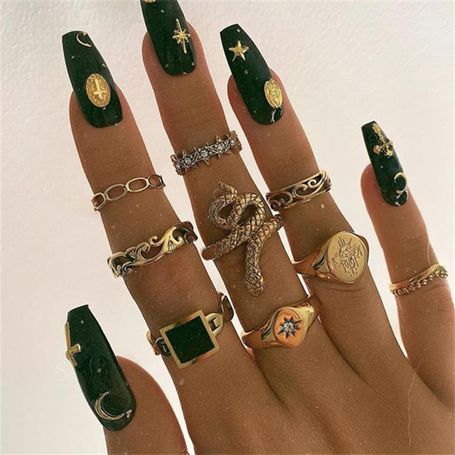 Crystal Geometry Knuckle Finger Ring Set For Women Eye Flower Leaves Charm Chain Rings Female Bohemia Jewelry