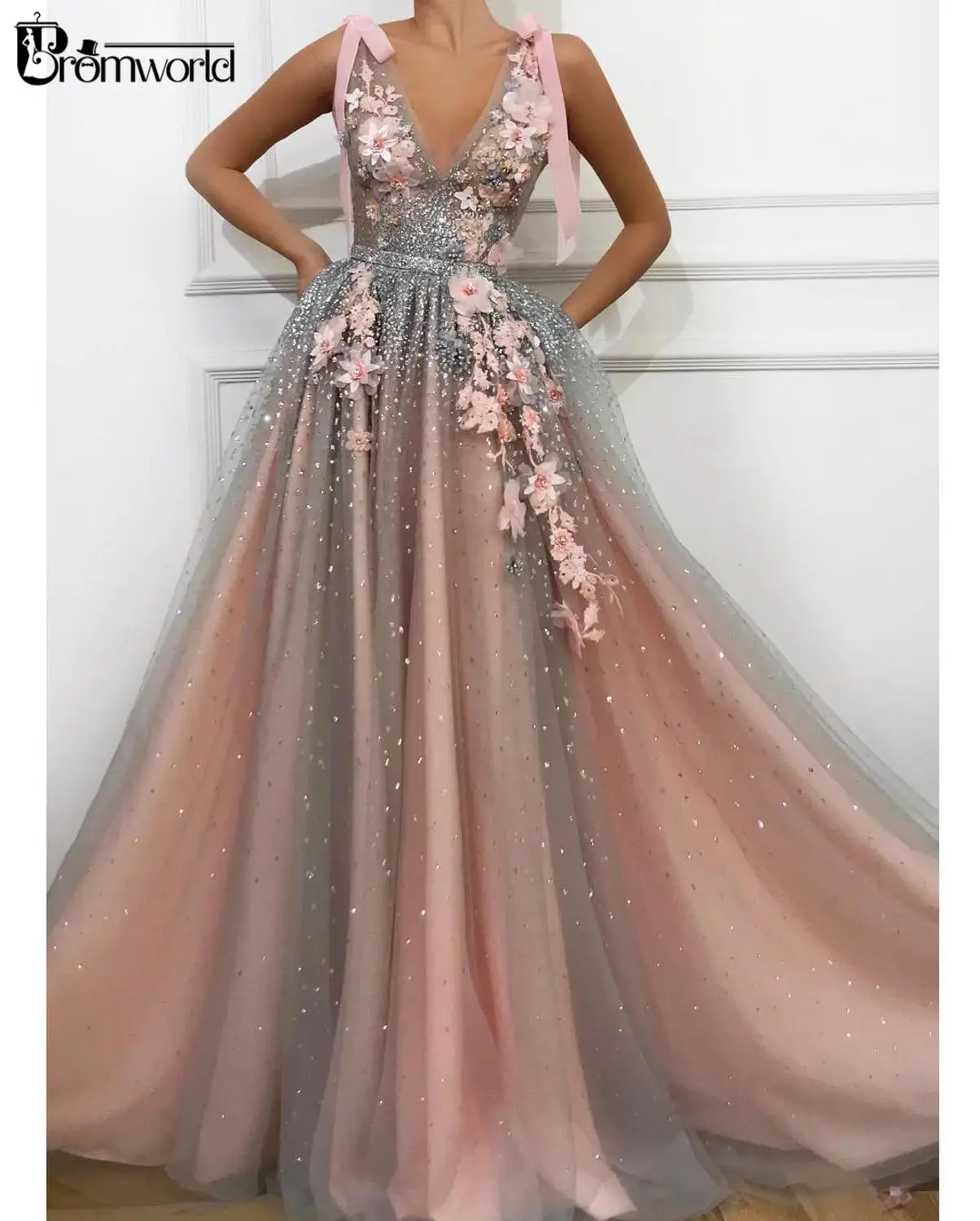Розовые платья на выпускной с кристаллами, v-образный вырез, тюль, кружево, цветы, бисер, vestidos de gala, длинное платье для выпускного вечера, вечернее платье, Robe De Soiree - Цвет: Розовый