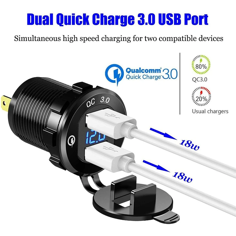Зарядное устройство Quick Charge 3,0 с двумя usb-разъемами, водонепроницаемая алюминиевая розетка для быстрой зарядки, светодиодный вольтметр и предохранитель