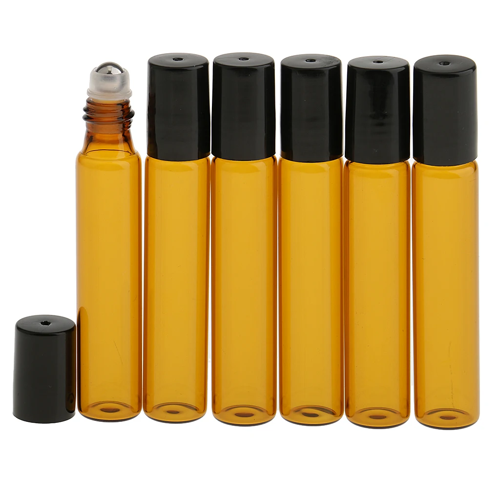 Pack of 6 Lot Steel Ball 10ml Mini Refillable Empty Glass Roll On Bottles for Travel Essential Oils Perfume Cosmetic