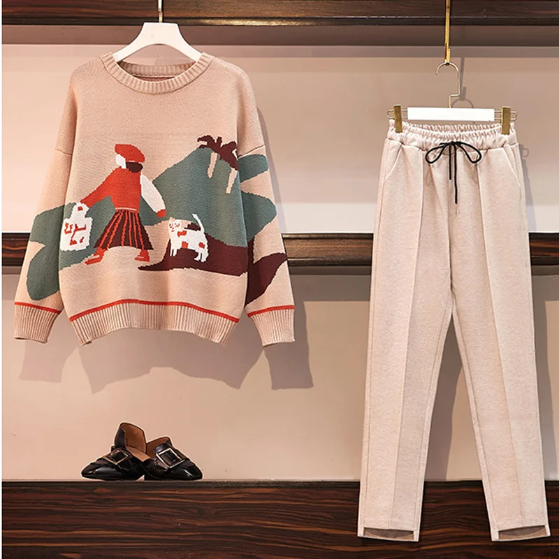 Женский теплый спортивный костюм, осенний зимний костюм из двух частей, свитер, повседневный костюм с длинным рукавом, вязаные топы с оленем и тонкие шерстяные штаны, подходящие комплекты