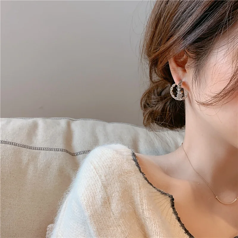 MENGJIQIAO дизайн модные жемчужные двойные круглые серьги-кольца для женщин трендовые С-образные хрустальные Букле д 'ореиль вечерние ювелирные изделия