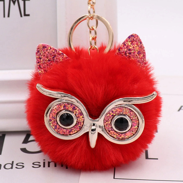 Cute Sequin Ears Owl Keychain Fluffy Artificial Rabbit Hairy Pom-pom Keychain Women's Shoulder Bag Owl Pendant Key Ring