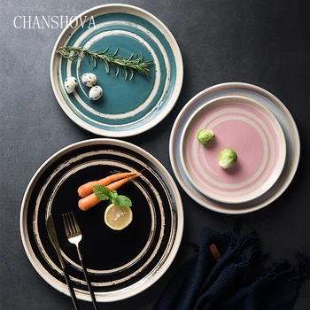

CHANSHOVA Screw Thread Pattern Ceramic Round Dinner Plate Pizza Plate Steak Dish Dessert Tray Porcelain Kitchen Utensils H011