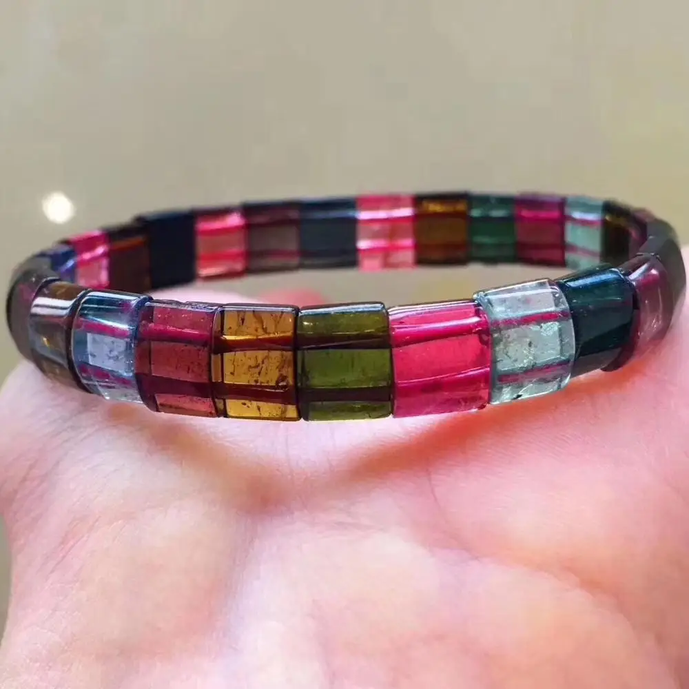 

8x7mm Top Natural Rainbow Tourmaline Quartz Bracelet Jewelry For Woman Man Brazil Crystal Clear Rectangle Beads Bangle AAAAA