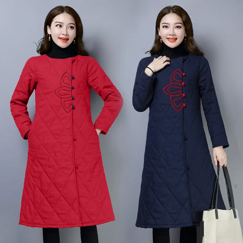 Одежда на Хлопчатобумажной Подкладке, женская, средней длины, зима, стиль, этнический стиль, Ретро стиль, вышивка, хлопок, лен, хлопковое пальто на подкладке, Wi