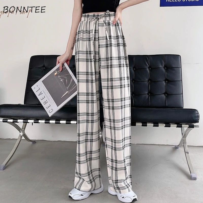 

Plaid Pants Women Elastic Waist Loose Retro Korean Style All-match Students Spring Teens Straight Leisure Pockets Classic Simple