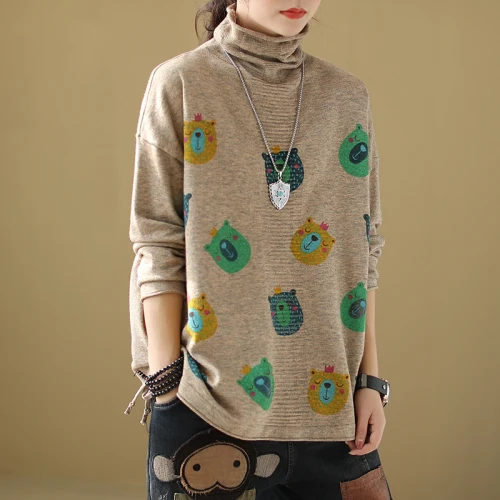 KHAKI SWEATERS Винтажный вязаный джемпер с принтом, длинный рукав, женский зимний свободный ретро тонкий свитер, женский свитер с высоким воротом размера плюс - Цвет: KHAKI SWEATERS