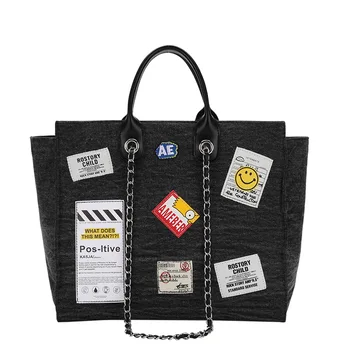

Ladies canvas bag tide brand large capacity tote bag 2020 new retro badge portable chain shoulder bag women handbags
