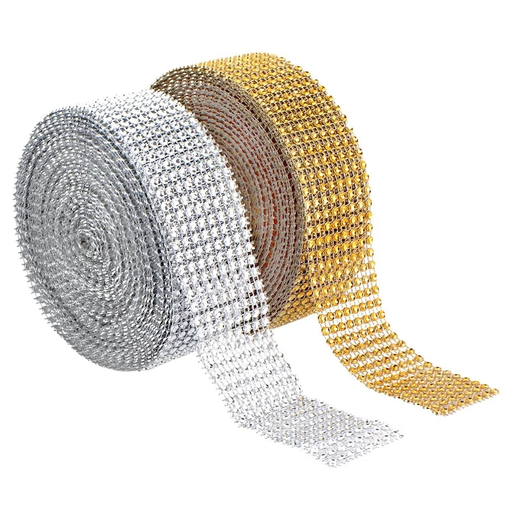 

2 Yards / Roll 8 Rows Gold Silver Fashion Mesh Wrap Roll Sparkle Rhinestone Crystal Ribbon Wedding Decoration