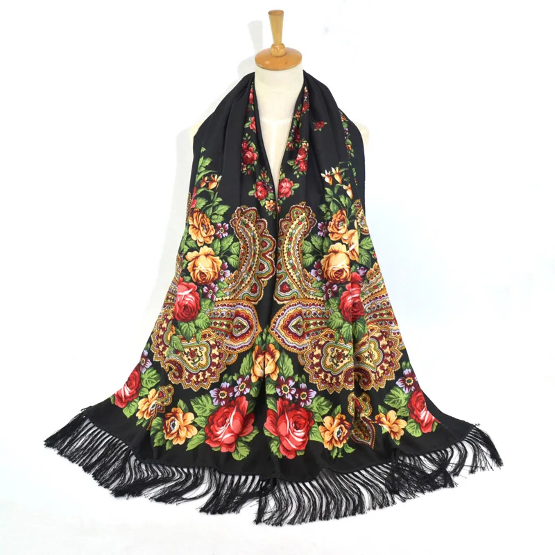  New Russian Federation Women Floral Handmade Long Tassel Cotton Scarf Lady Rectangle Handkerchief W