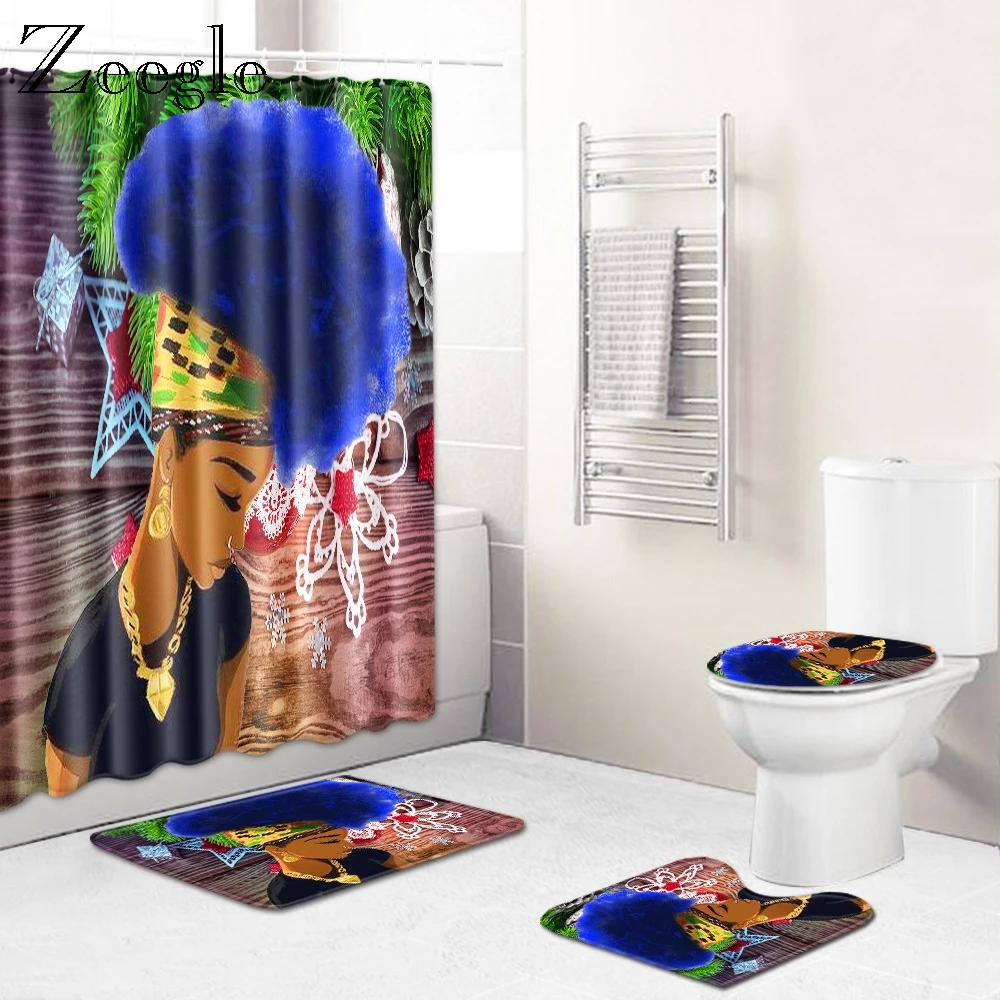 Zeegle Bath Mat Set Toilet Shower Curtain Anti-slip Bathroom Foot Rug Bath Decoration Floor Mat Absorption Rug Lid Toilet Cover