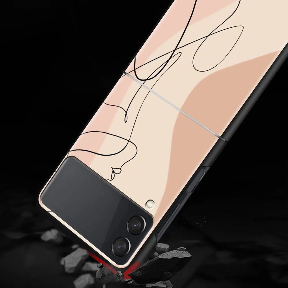 For Samsung Galaxy Z Flip 3 5G Case Luxury Matte Black Hard Phone Cover ZFlip 3 Shockproof Fundas Shell Abstract Women Face Line