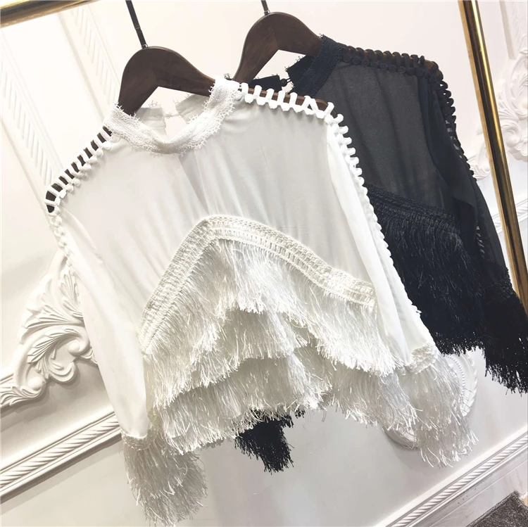 WHITNEY WANG Весенняя мода уличная элегантная слоистая кисточка шифон Blusas женские Топы футболка femme