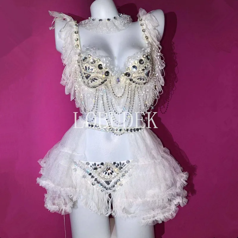 

White Mesh Rhinestones Bikini Costume Female Bar Club Party DJ Singer Dance Outfit Birthday Celebration Crystals Bra Stage Wear