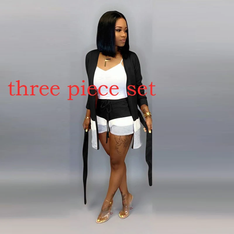 three piece black Вязаные комплекты из двух предметов, длинные кардиганы в полоску с длинными рукавами, с поясом и шортами, одинаковые комплекты, женские повседневные Костюмы - Цвет: three piece black