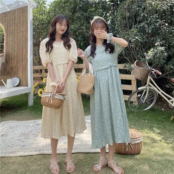 

2020 New Arrivals Korean Chic Chiffon Maxi Dress Fresh Pea Green Color Color O-neck High Waist Puff Sleeve Vestidos Verano