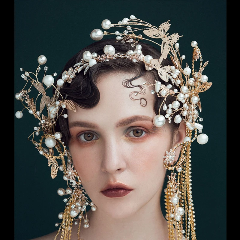 Fashion Headdress Earrings Fairy Tiaras Butterfly Pearl Bead Chain Tassels Model Show Studio Photo Shoot Decoration Accessories