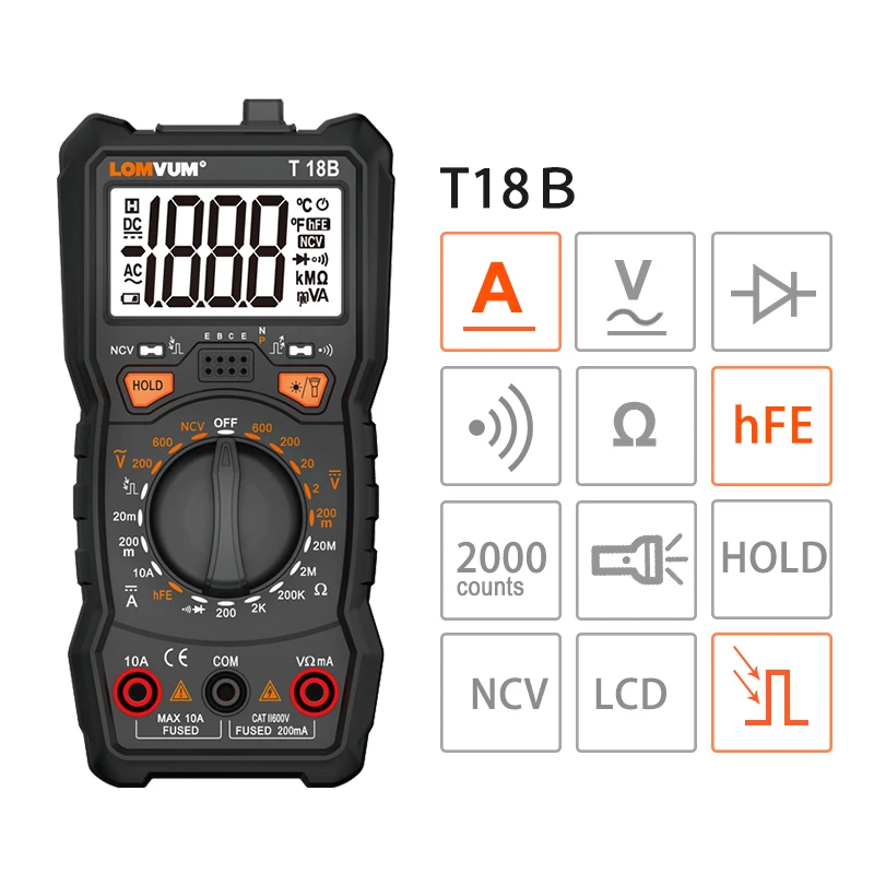 LOMVUM мультиметр True RMS 6000 отсчетов Высокоточный цифровой мультиметр NCV умный мультиметр Авто Диапазон AC/фонарик постоянного тока - Цвет: T18B