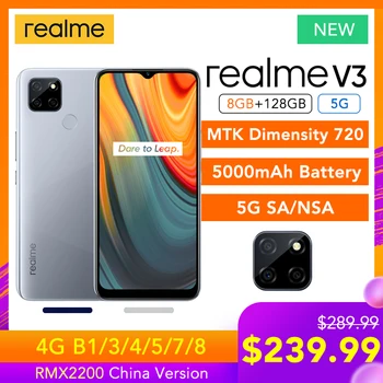 Перейти на Алиэкспресс и купить Realme V3 8 ГБ ОЗУ 128 Гб ПЗУ 5G Helio Dimensity 720 5000 мАч батарея 18 Вт Быстрая зарядка 6,5 дюймдисплей 13 МП камера Поддержка России