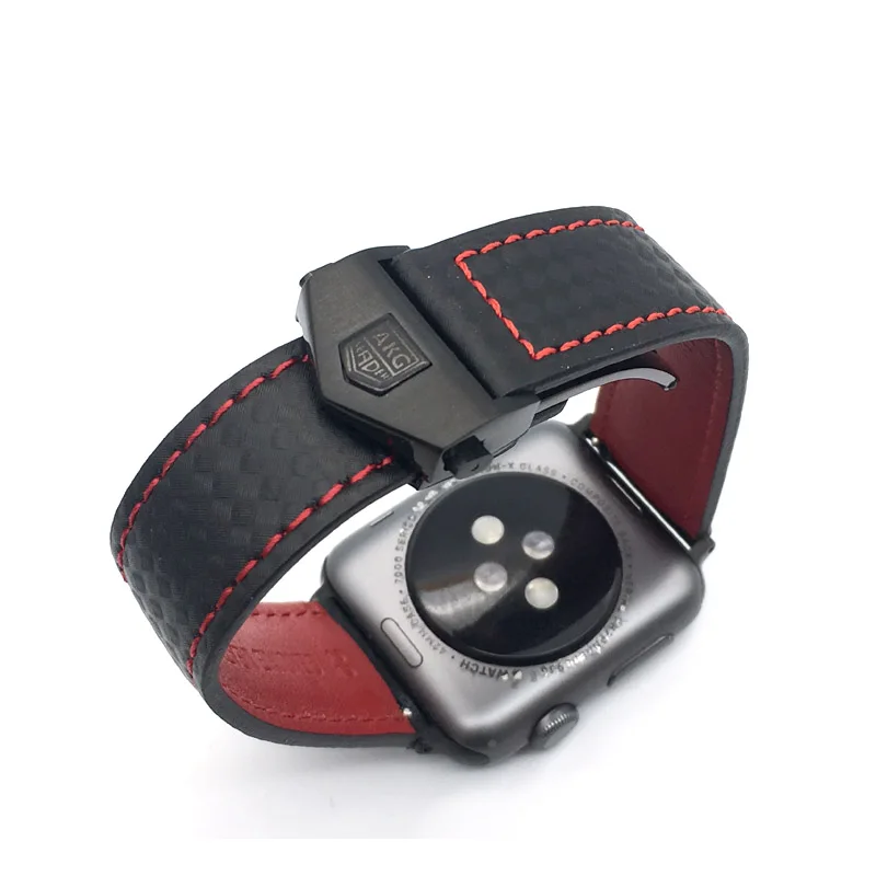 Black buckle Ремешок AKGLEADER из углеродного волокна и натуральной кожи для часов Apple Watch Series 4 5 40 мм 44 мм серия 3 2 браслет на запястье 38 мм 42 мм - Цвет ремешка: Black buckle