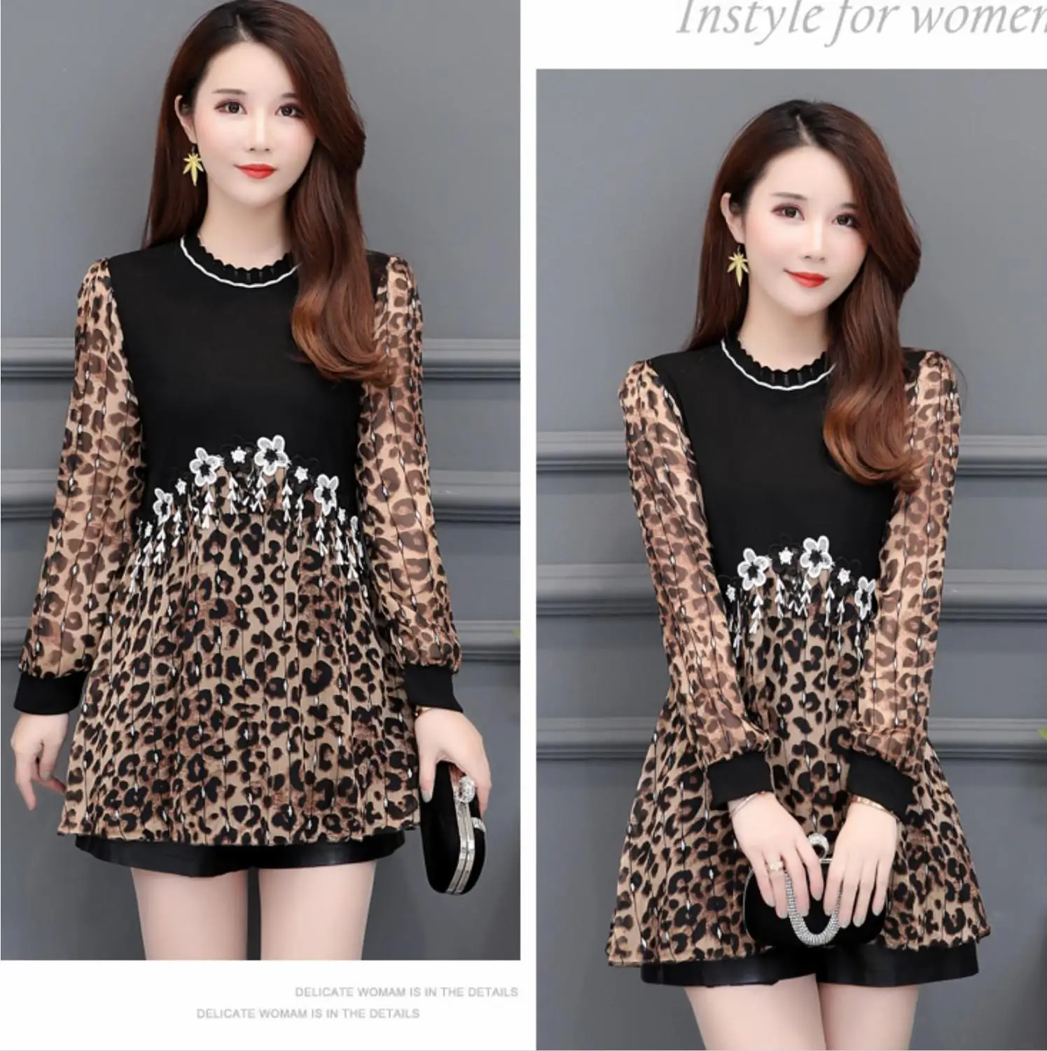  Leopard Blouse Women Long Sleeve Shirts Spring 2019 Fashion embroidery Blouse Shirt Casual Elegant 