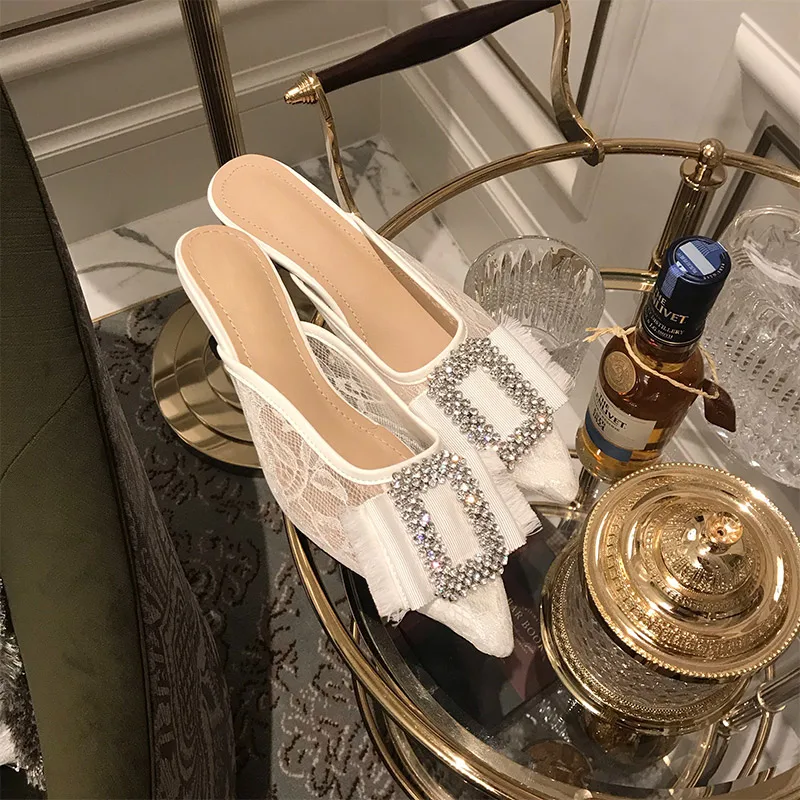 MONMOIRA Kitten Heel Luxury Rhinestone Women Mules Sexy Pointed Toe Heels Shoes Women Elegant Lace Wedding Shoes for Women E0757